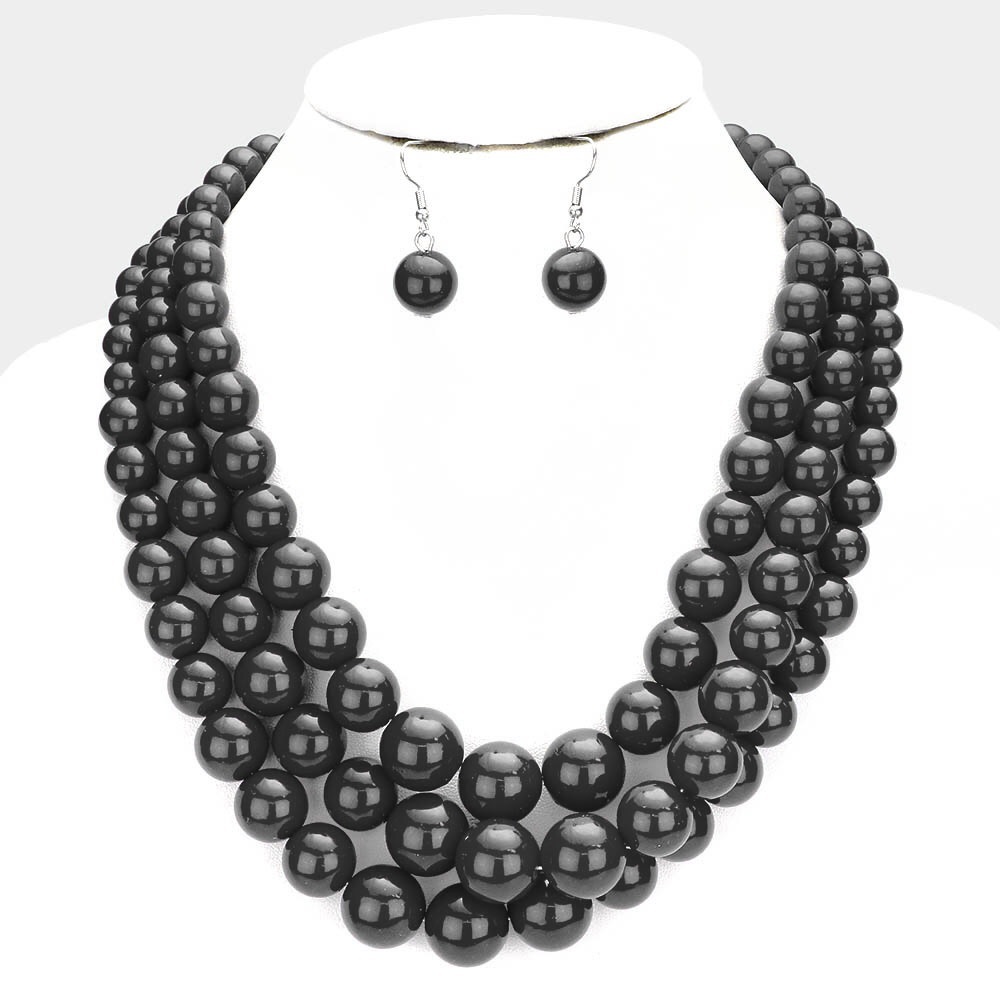 Black Triple Strand Pearl Chunky Statement Necklace